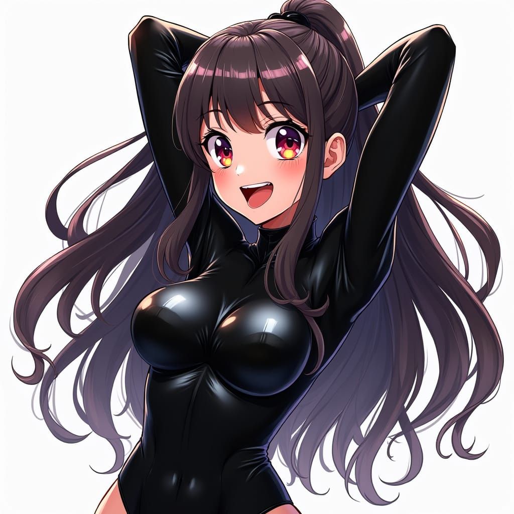 Sensual Anime Girl in Shimmering Black Latex Bodysuit