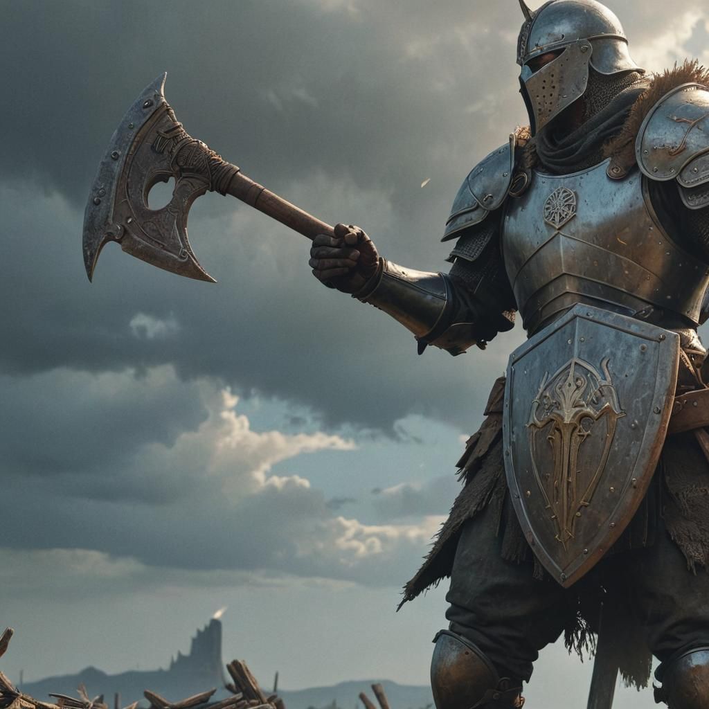 Medieval Warrior in Battle-Scarred Landscape