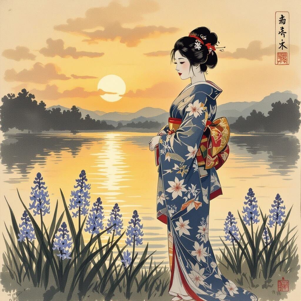 Woman in Kimono by Lake, Shin Hanga Style