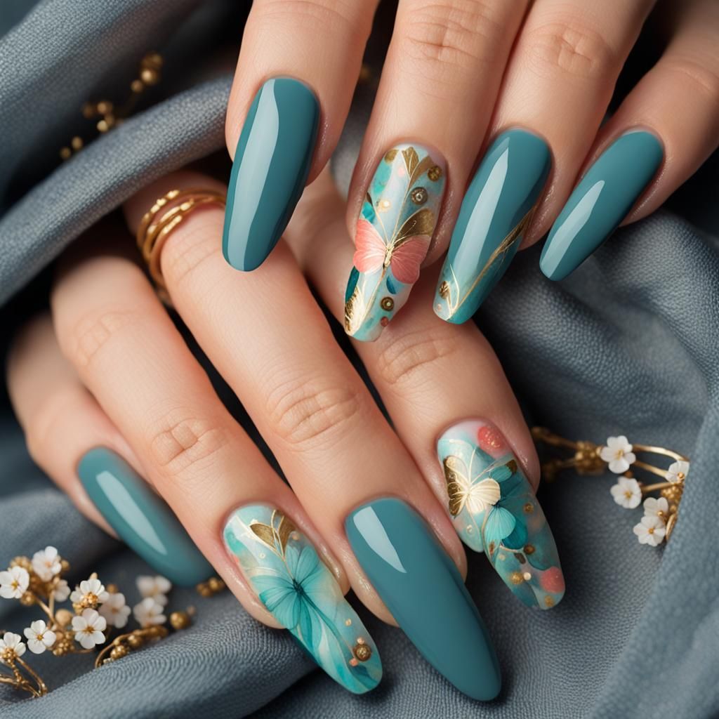 Watercolor Butterfly Nail Art with Gold Accents