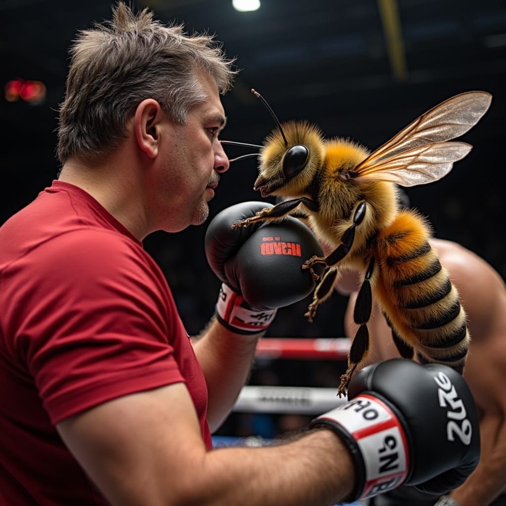 A Man Battles a Giant Bee in a Hexagonal Boxing Ring