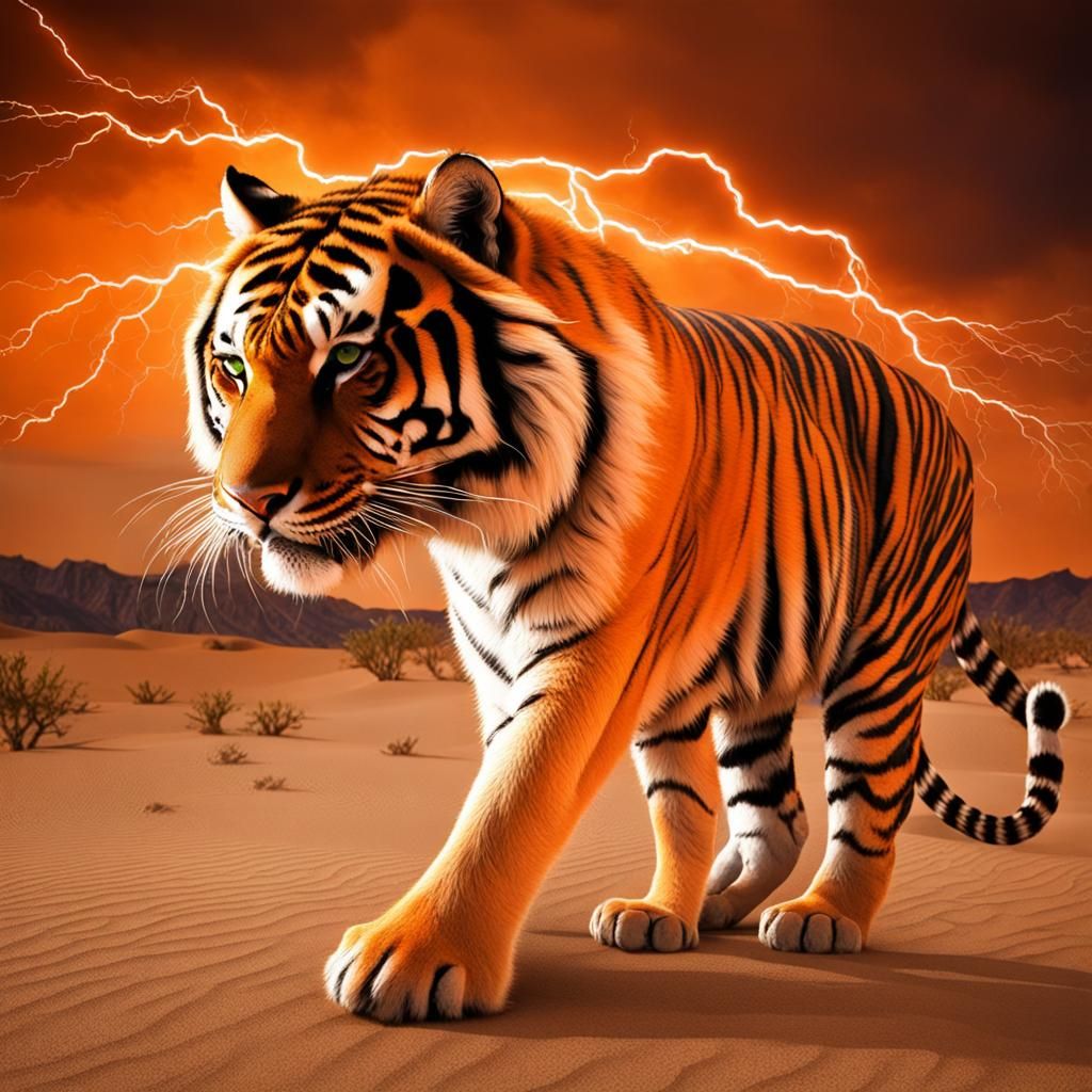 Electric Orange Tiger in Desert Lightning Storm