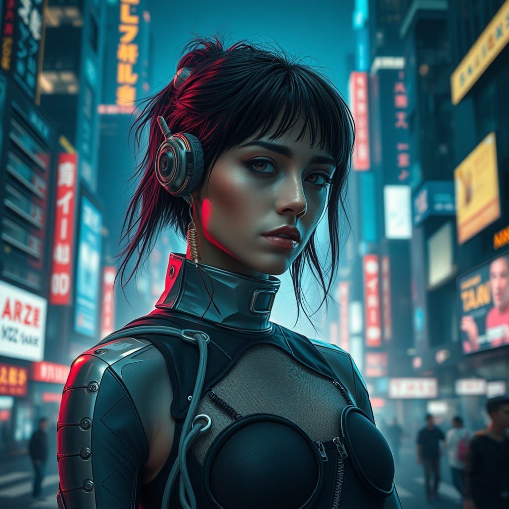 Cyberpunk Woman in Neon Cityscape
