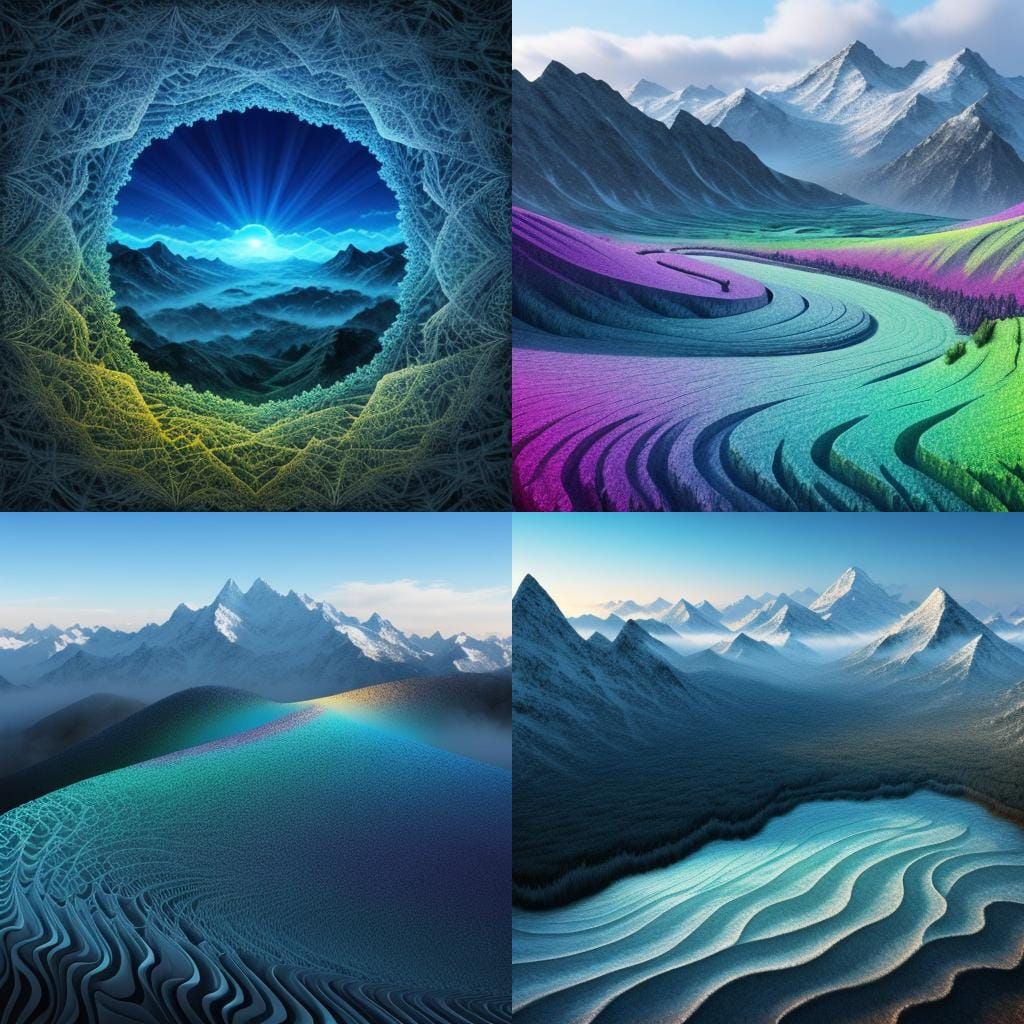 Misty Mountain Landscape with Abstract Fractal Design