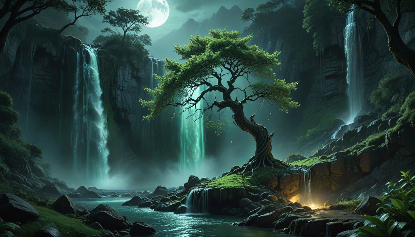 Majestic White Tree Under Green Moon on Cliffside