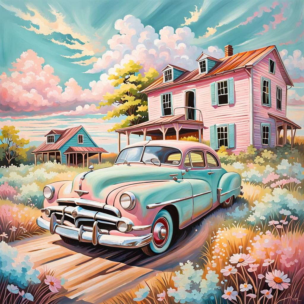 Whimsical Pastel Painting of Abandoned Car
