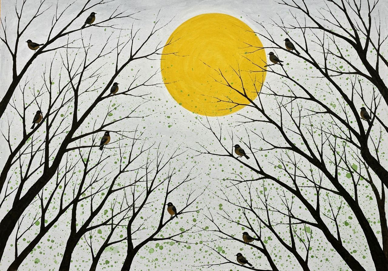 Serene Tree Branches with Birds and Sun Painting