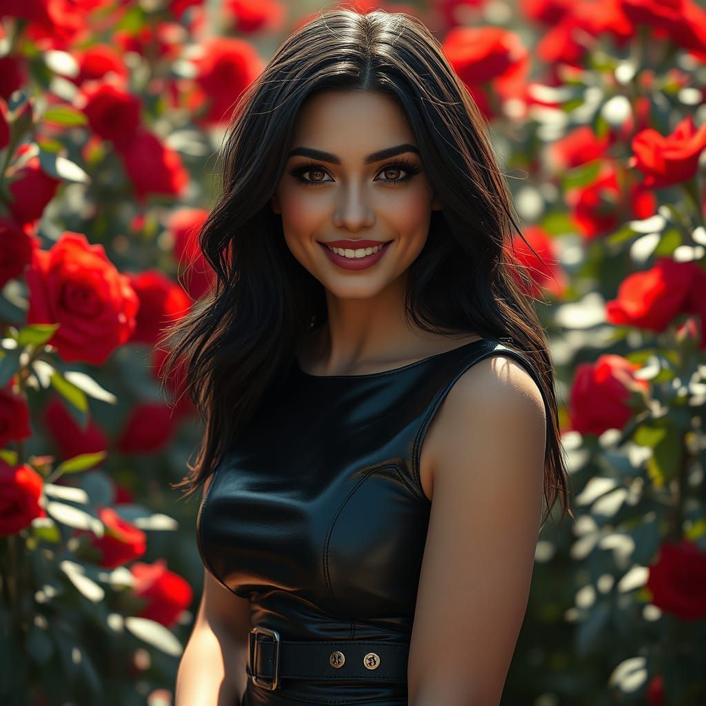 Beautiful Woman in a Red Rose Garden Portrait