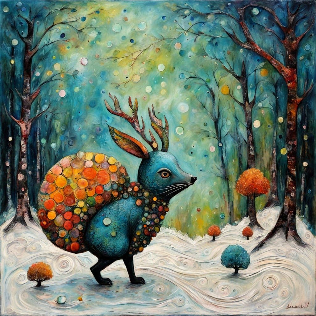 Whimsical Creature in Vibrant Forest, Encaustic Folk Art