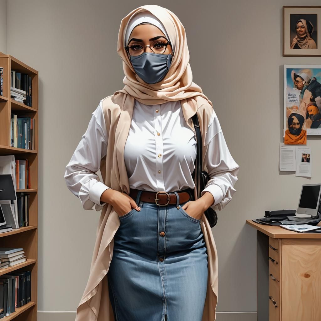 Curvy Hijabi Businesswoman with Facemask in Color Burst Styl...