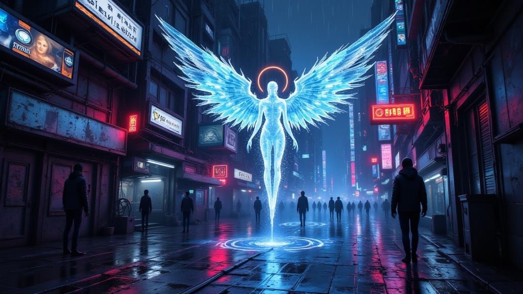 Cyberpunk Angel Descends into Neon Alleyway