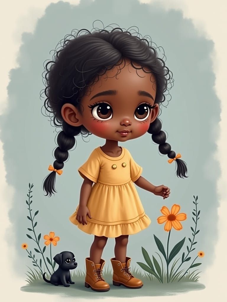 Cute Cartoon Girl with Black Puppy and Flowers