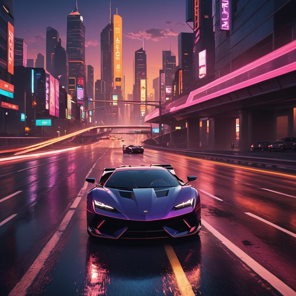 Futuristic Supercar Speeds Down Neon Highway