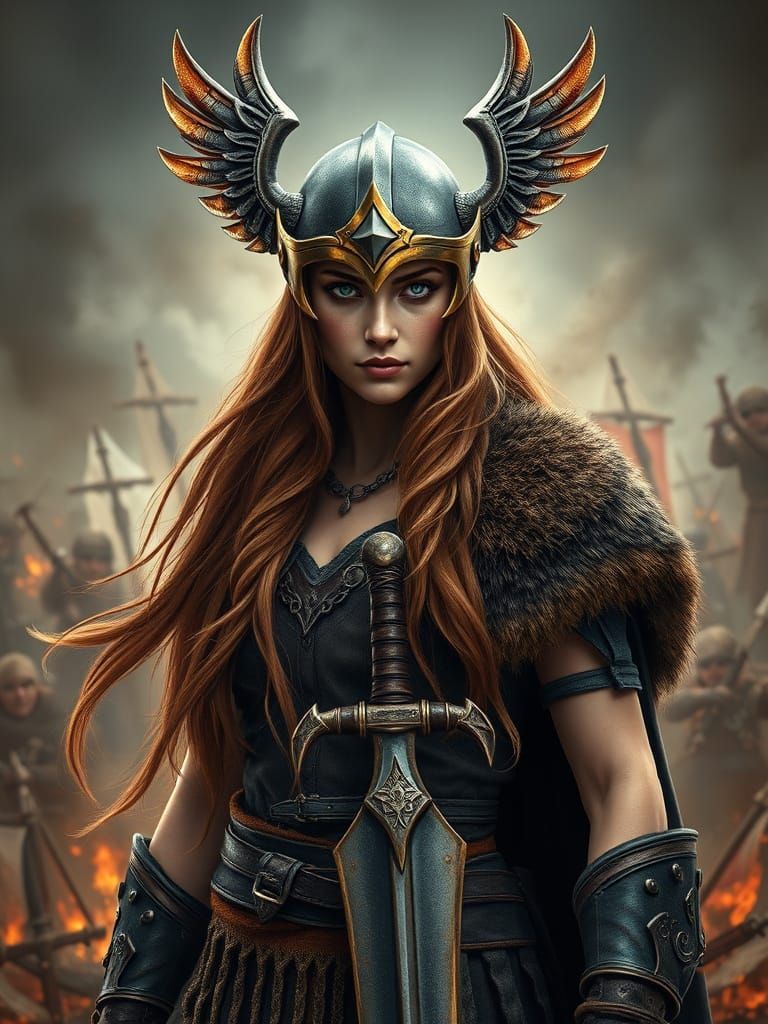 Viking Warrior Goddess in Bronze Helm with Wings, Sword Rais...