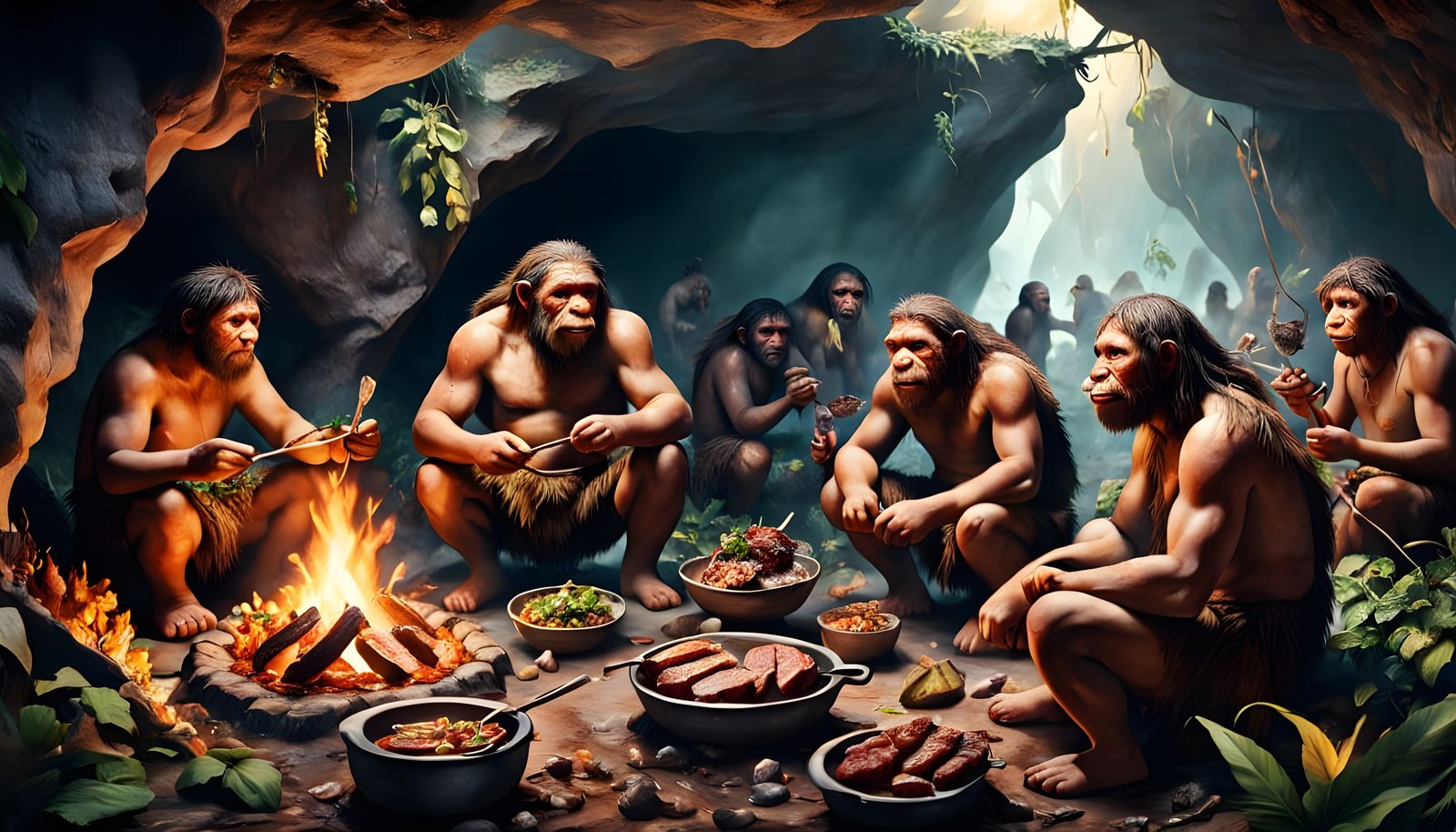 Neanderthals Cooking Dinner in Hyperreal Style