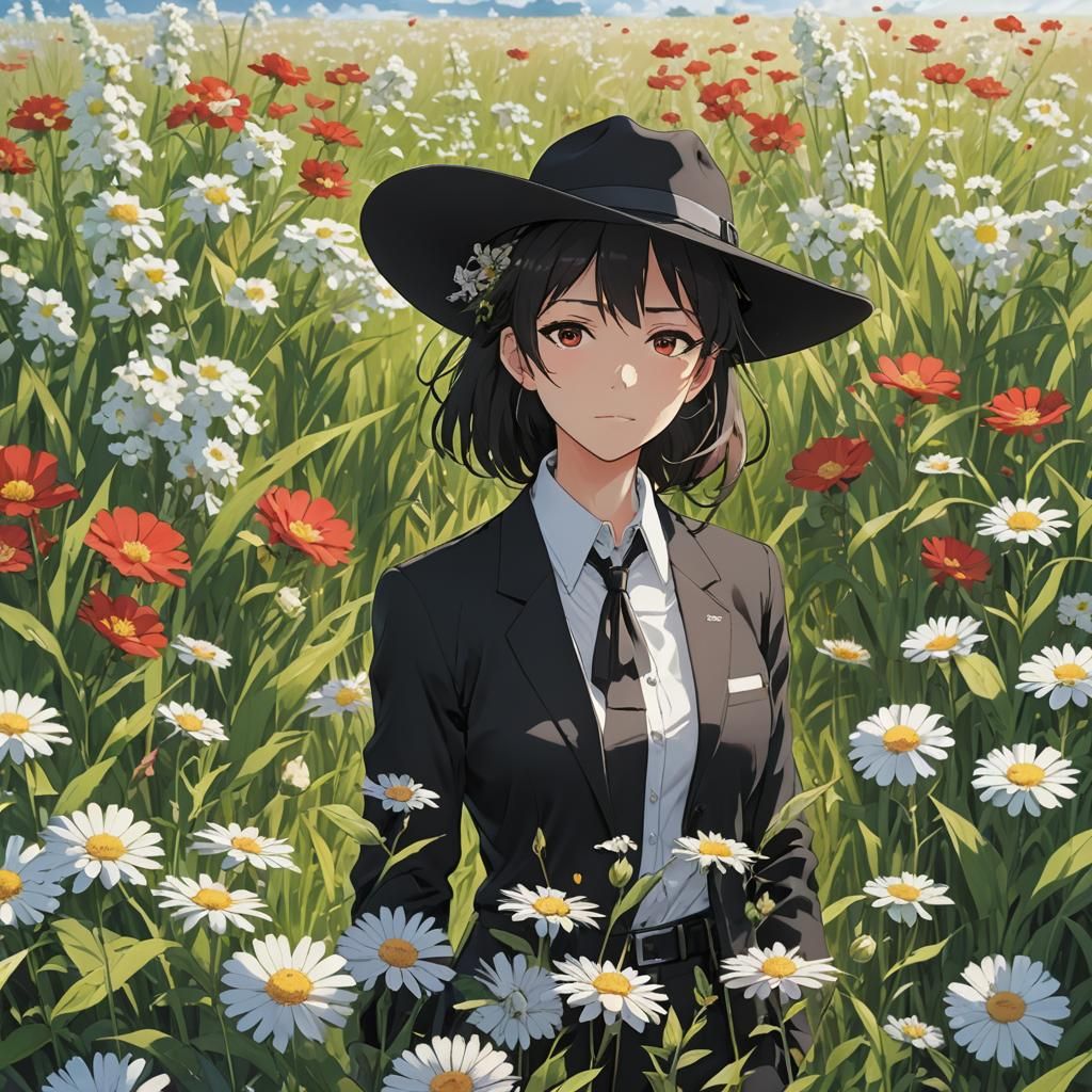 Anime Key Visual: Woman in Pantsuit in Flower Field