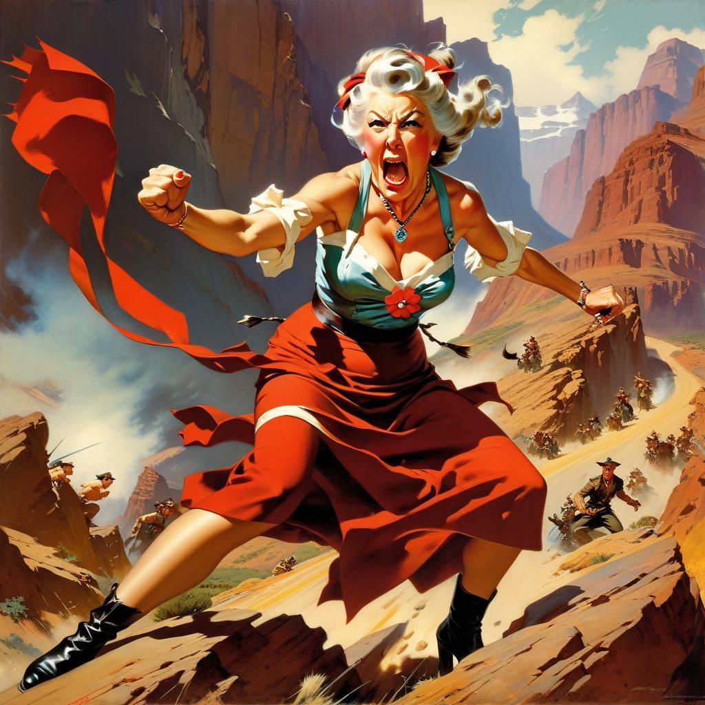 Hyper Angry Granny in Pin-Up Art Style