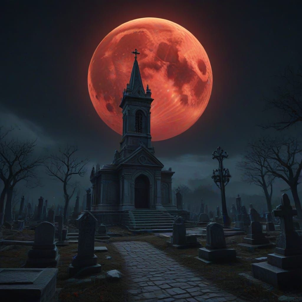 Colossal Mausoleum in Royal Cemetery Under Blood Moon