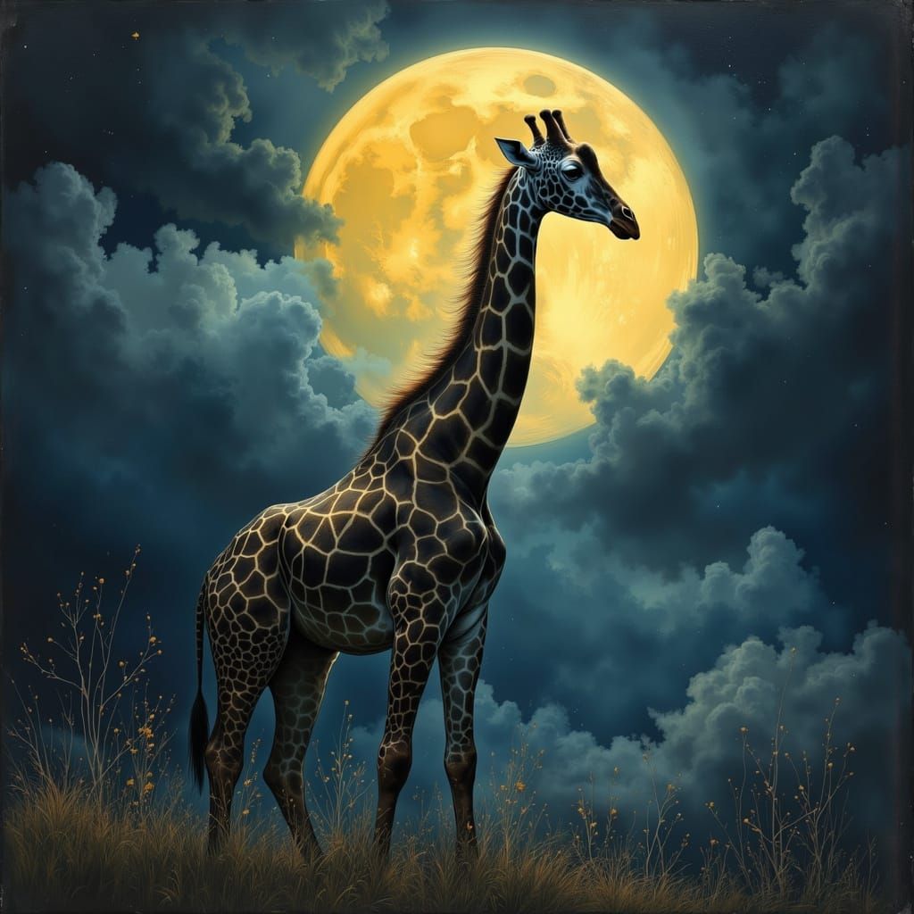 Giraffe Under Yellow Moon in High Detail Painting