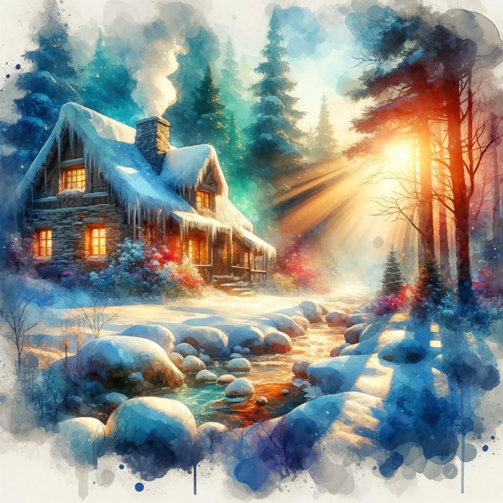 Snow Cottage in Winter Forest: Watercolor Painting