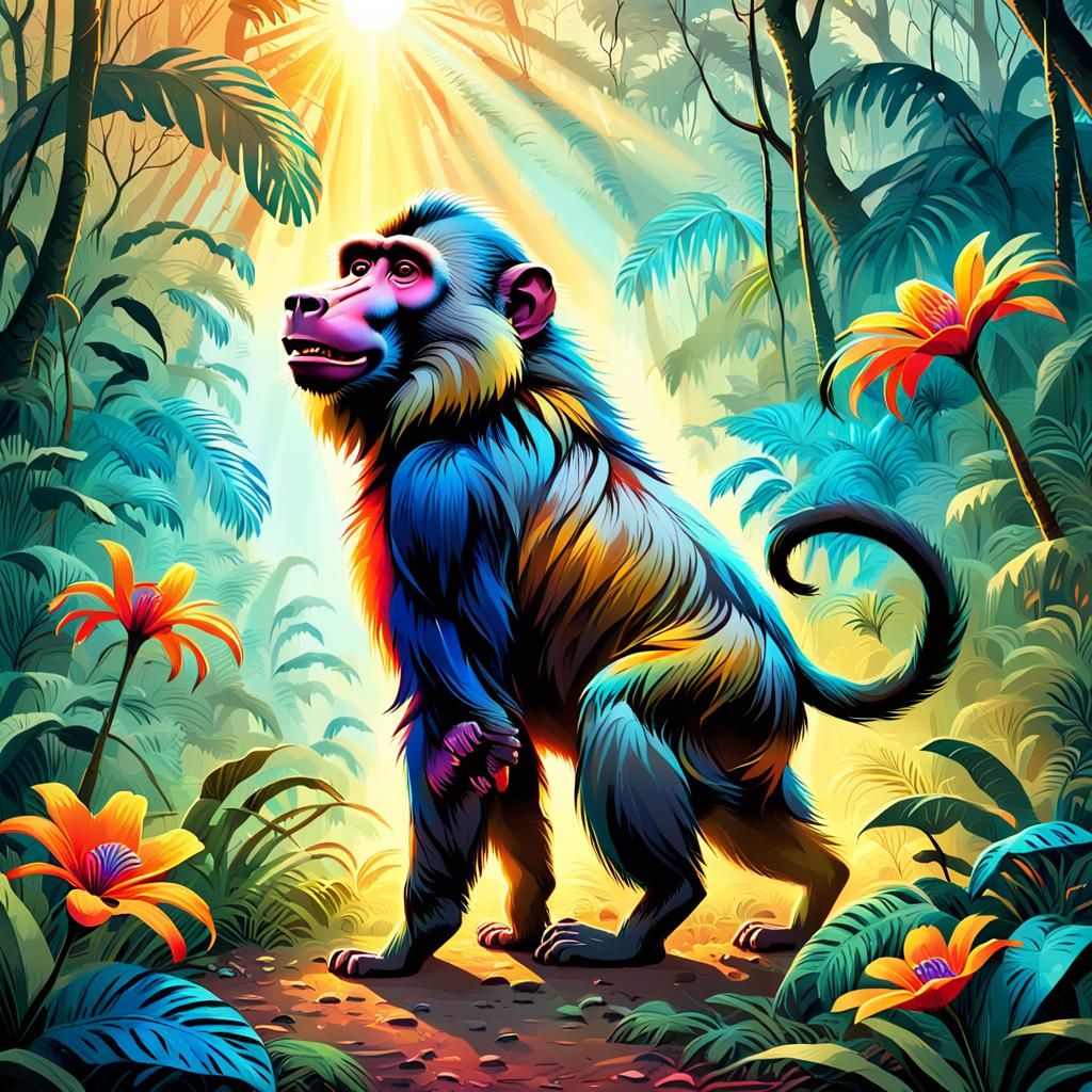 Playful Baboon in Jungle Clearing, Pop Art Style