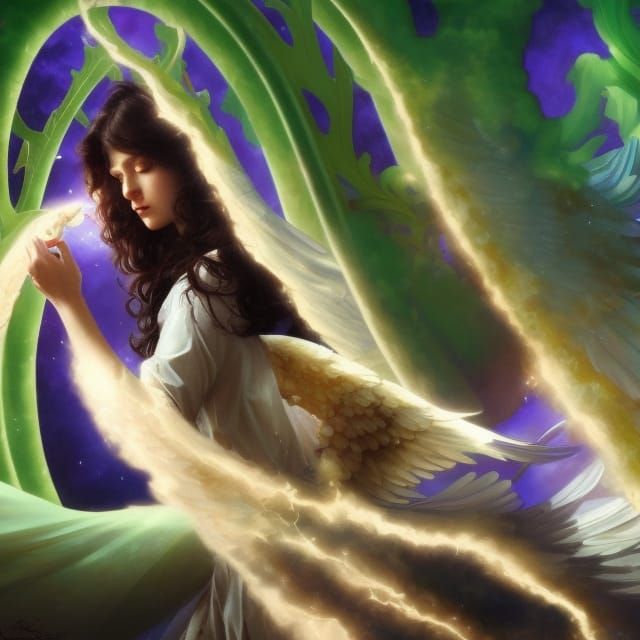 Enchanted celestial heavens with heavenly angel with delicate details head and shoulders portrait, 8k resolution concept...