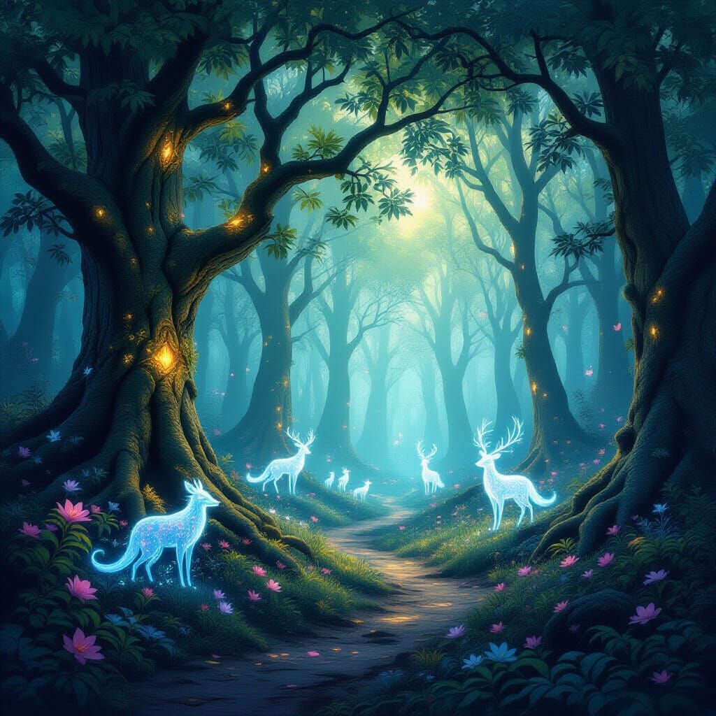 Enchanted Forest With Glowing Trees and Spirit Animals