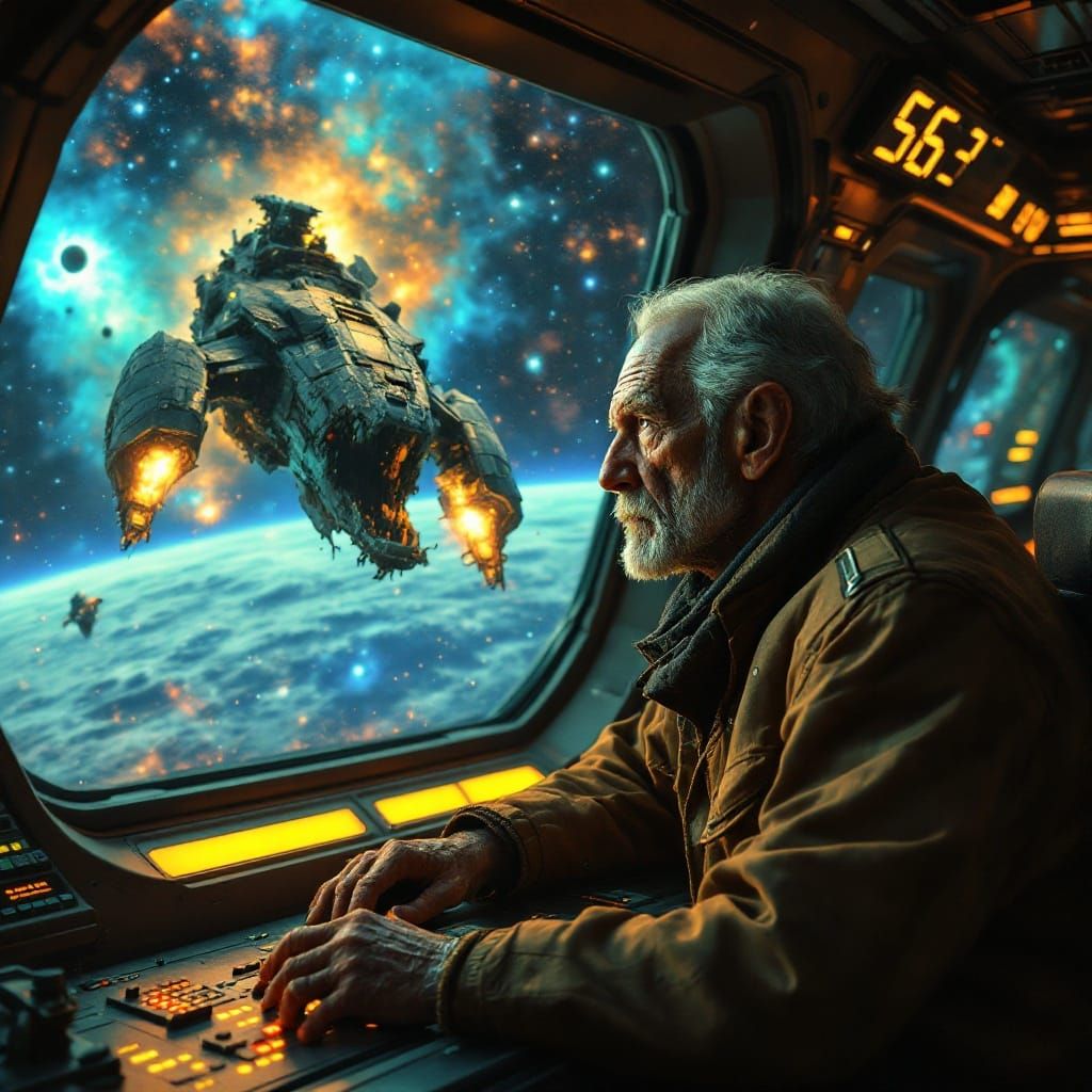 Weathered Space Captain Contemplates Derelict Alien Warship...