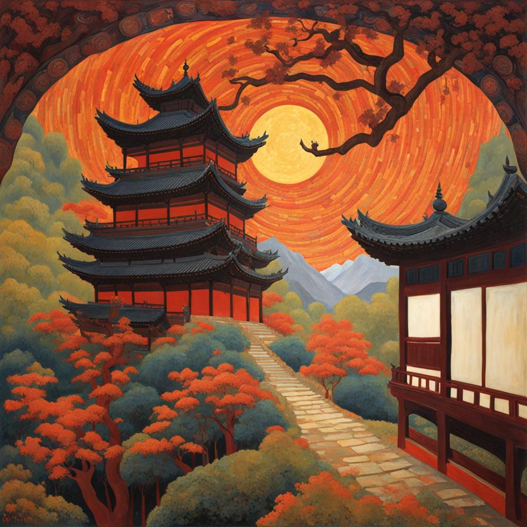 Shaolin Monastery in Cosmic Post-Impressionist Style