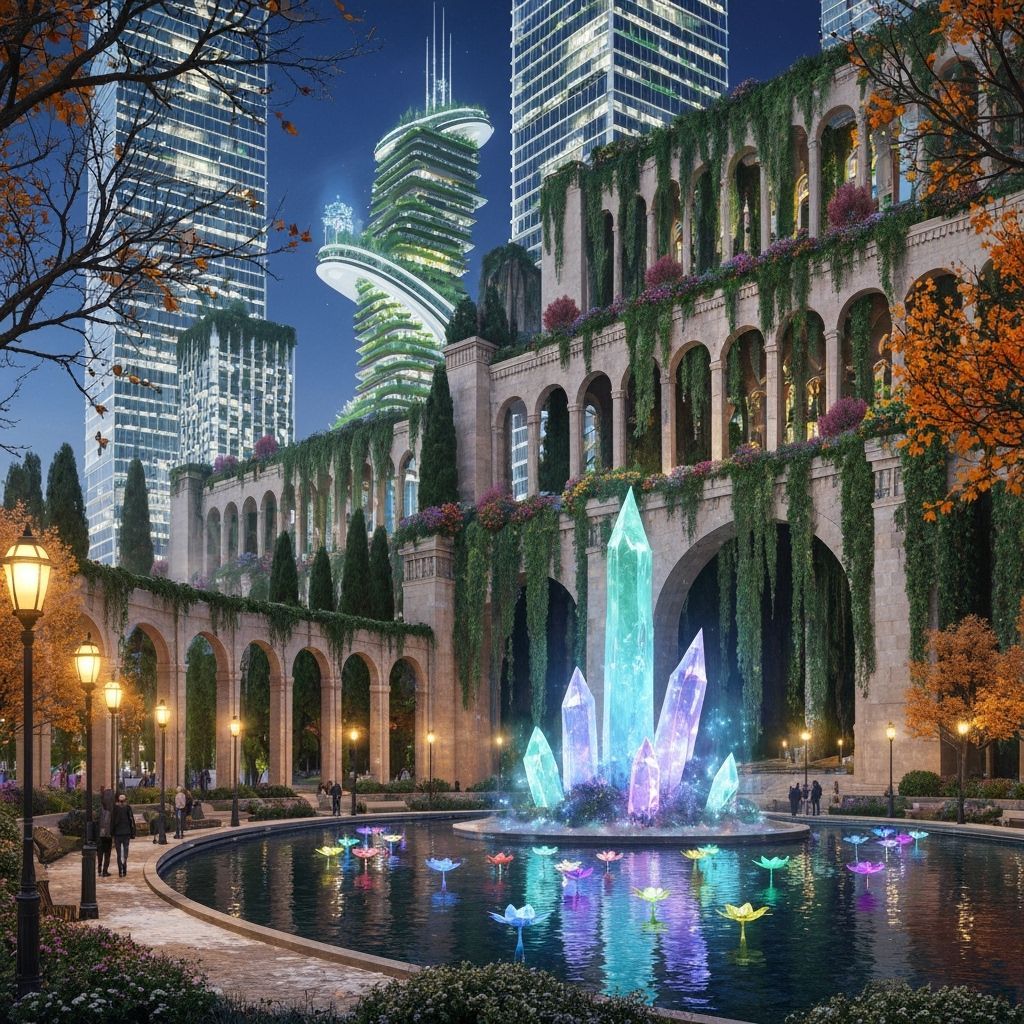 Futuristic Babylonian Urban Park at Night