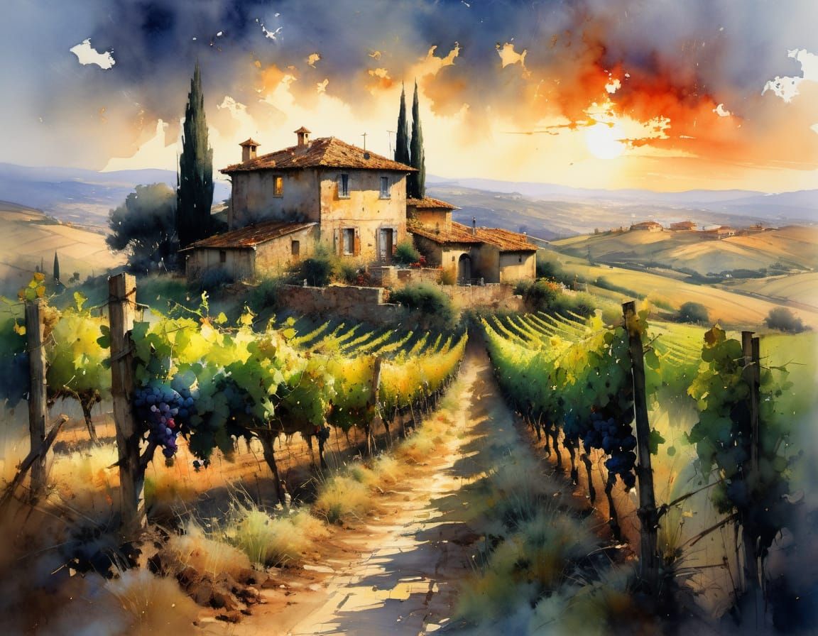 Watercolor Tuscan Vineyard with Rustic Charm
