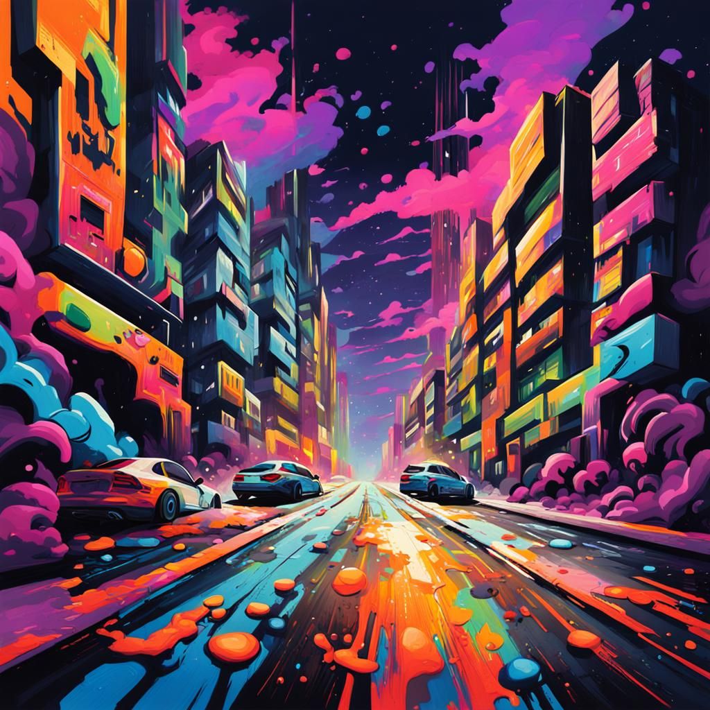 Trippy Nighttime Roads in Graffiti Art Style