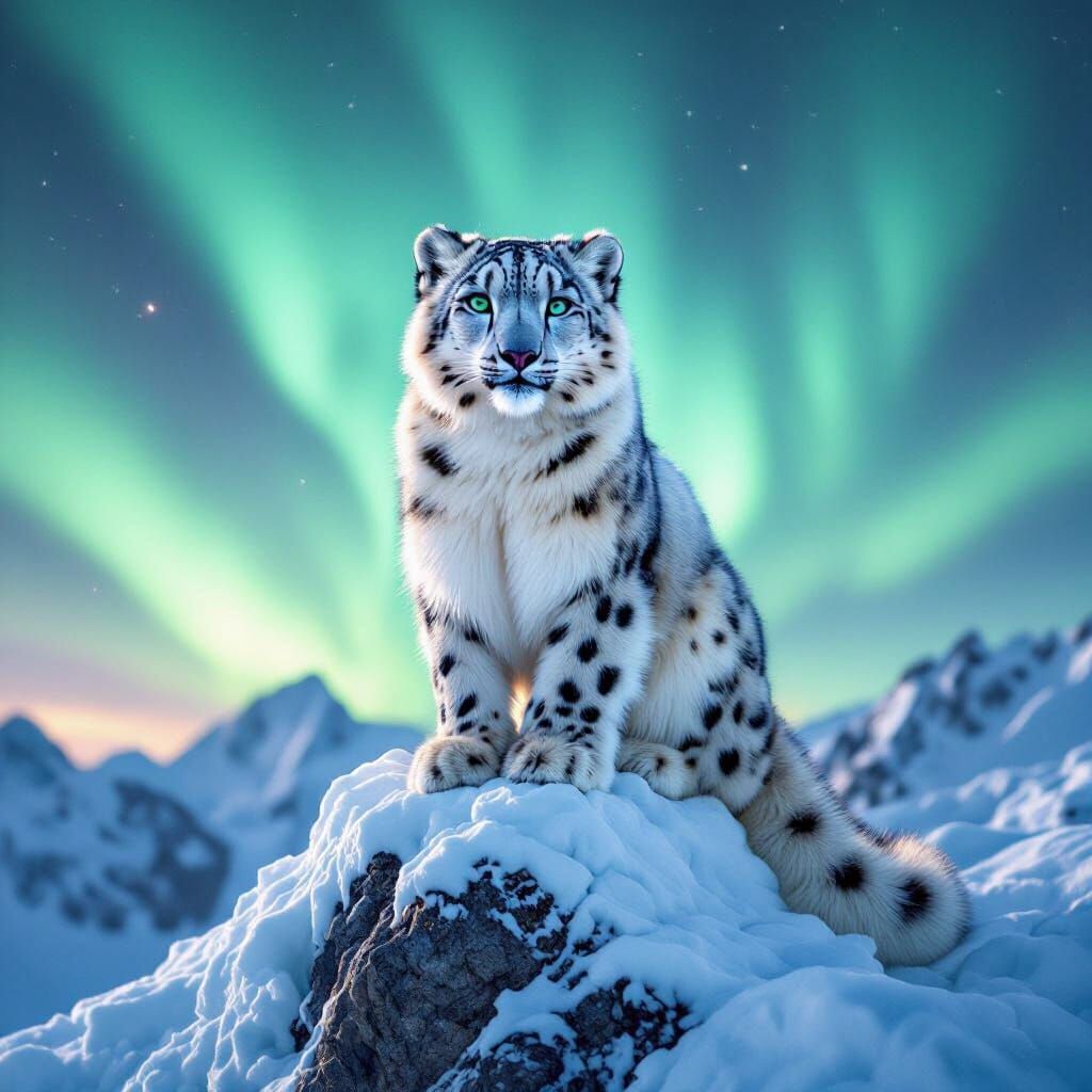 Snow Leopard on Ice Mountain Under Aurora