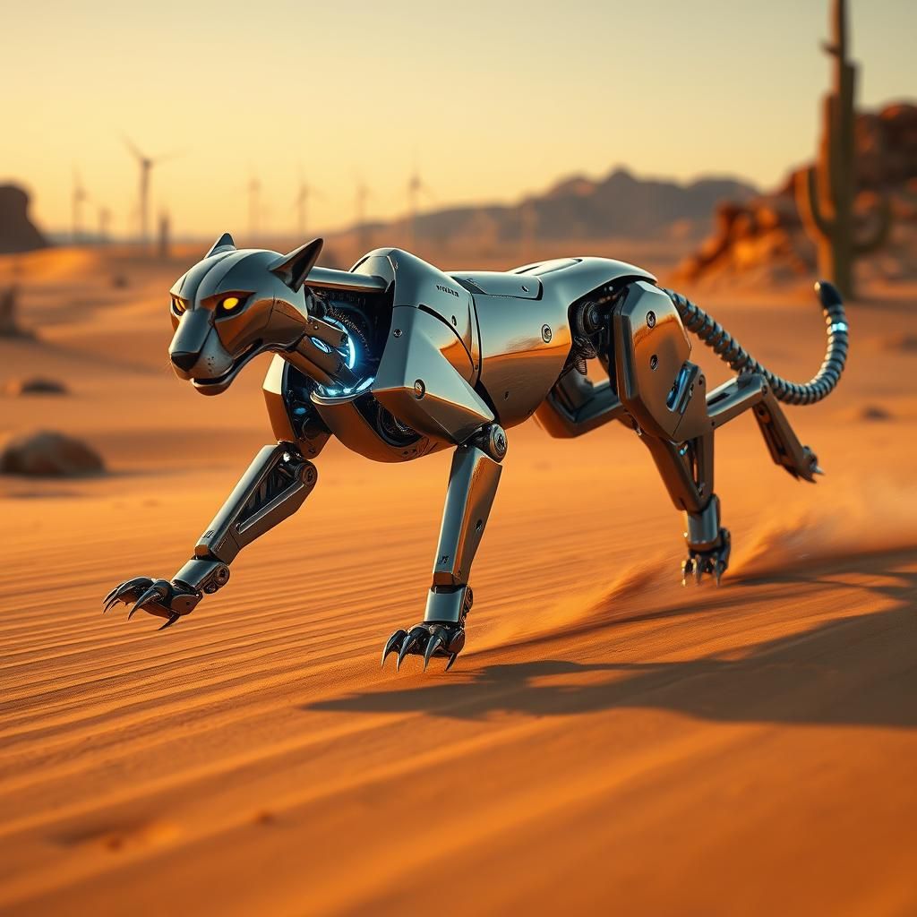 Mechanized Cheetah Sprints Across Futuristic Desert