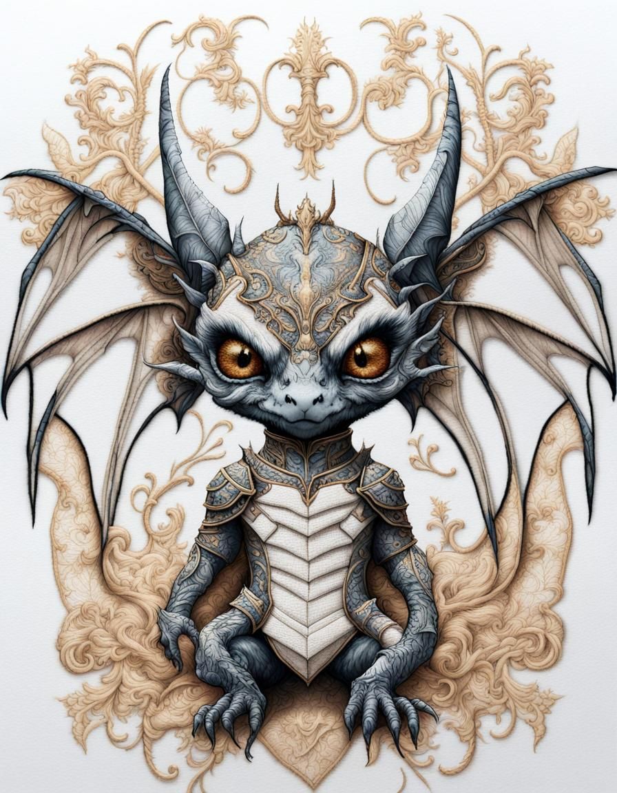 Embroidered White Knight Dragon with Bat Wings