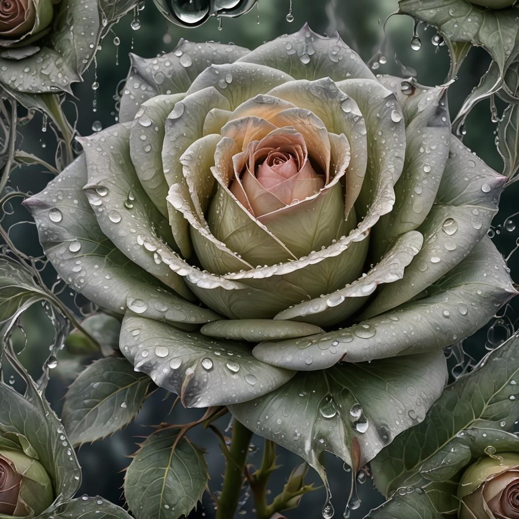 Ethereal Rose with Silver Petals in Art Nouveau Style