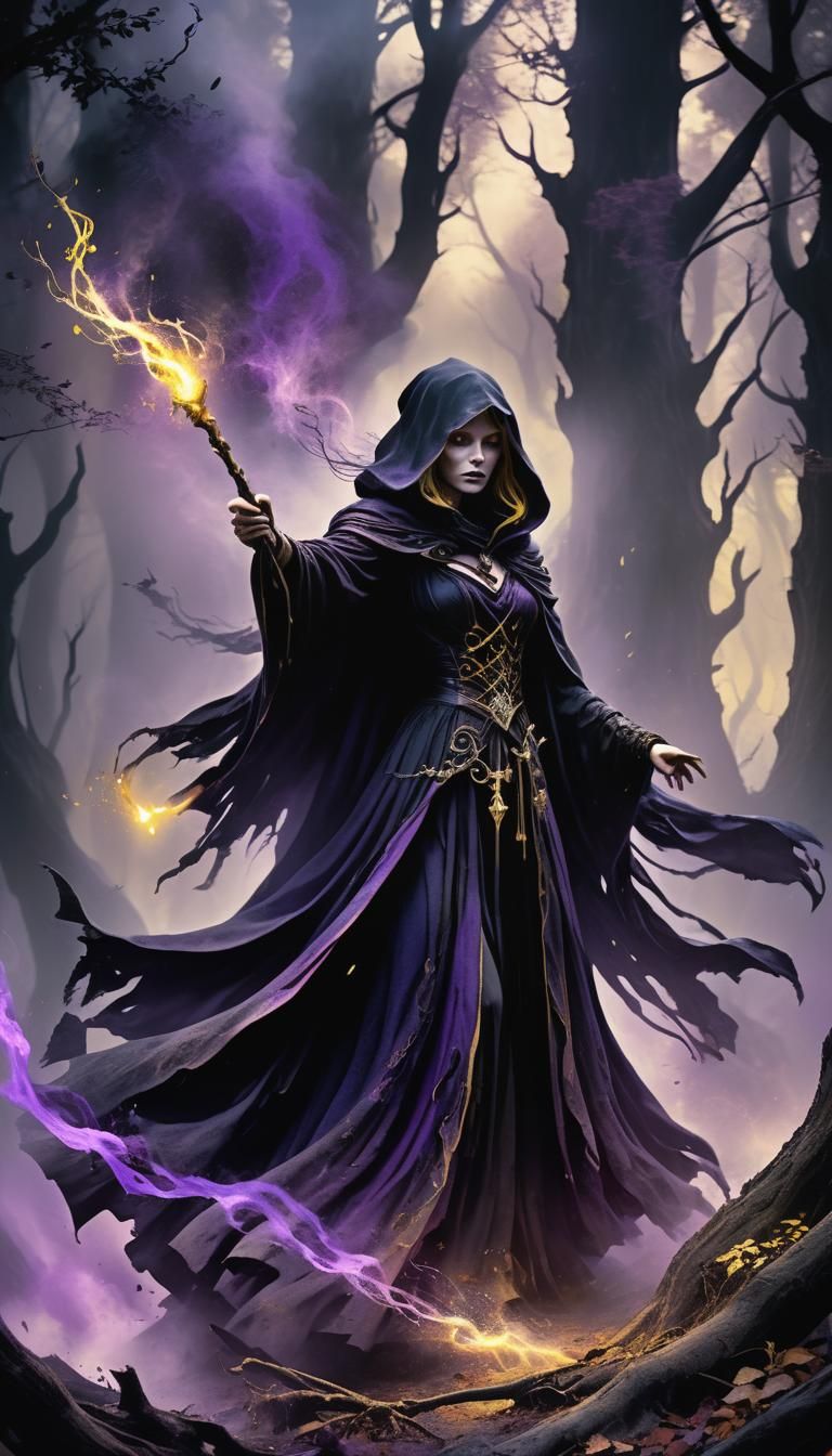 Dark Sorceress Summons Mist in Ancient Forest