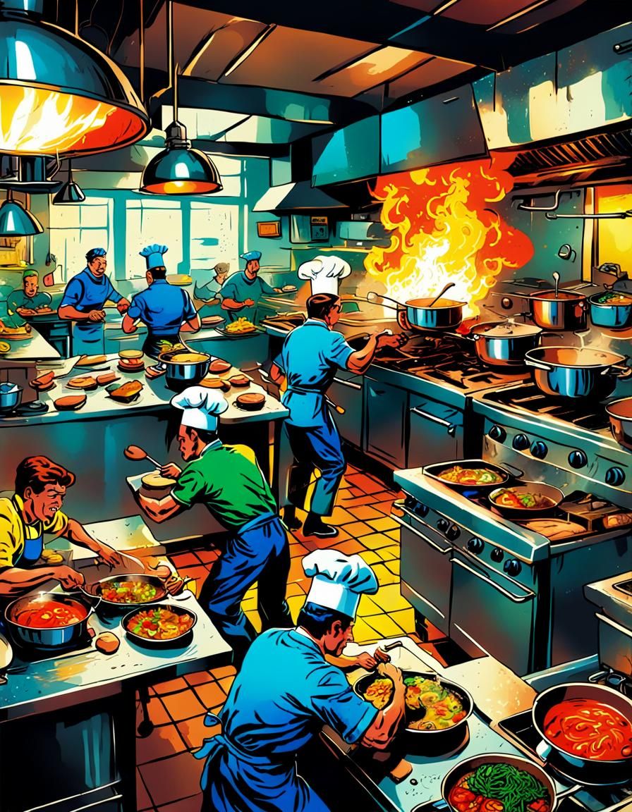 Restaurant Kitchen Action Scene in Retro Comic Style