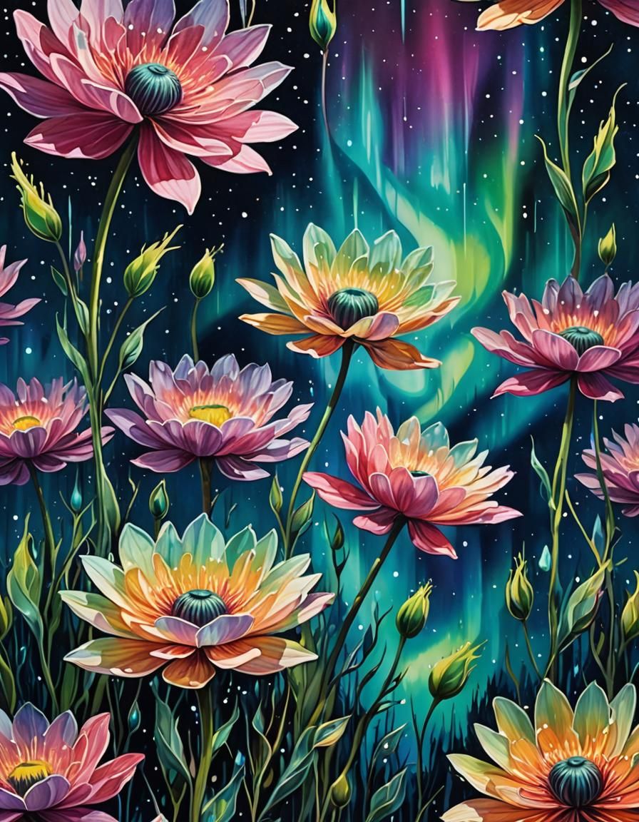 Aurora Borealis Reflected in Abstract Flower Mirror Petals