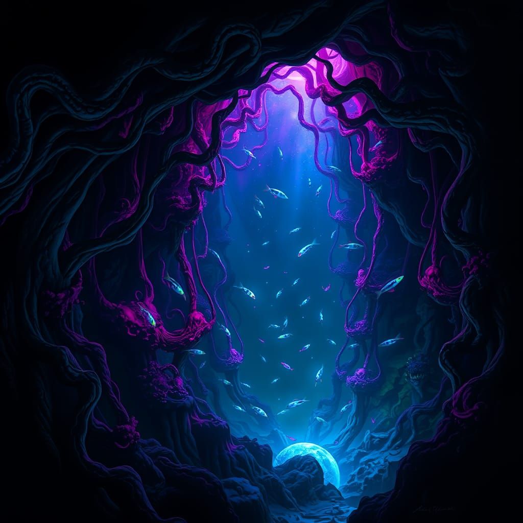 Ethereal Underwater Trench with Bioluminescent Fish
