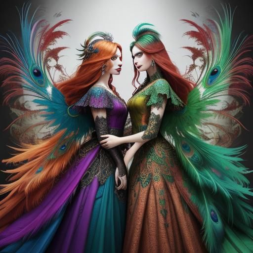 Vibrant Abstract Women with Dragon and Peacock Details