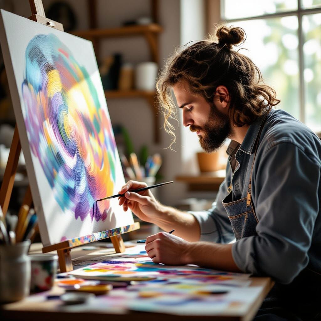 Artist Creates Masterpiece in Sunlit Studio