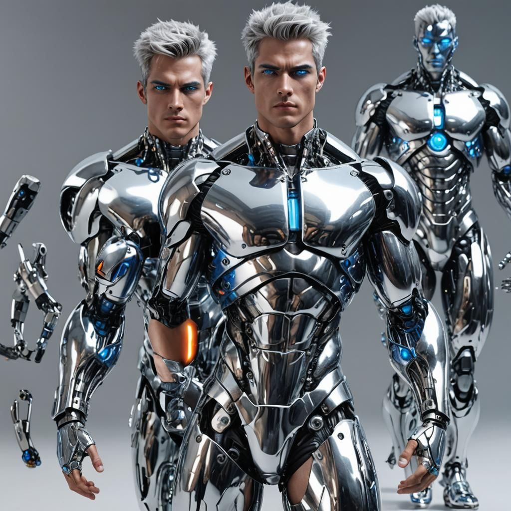 Hyper-Muscular Cybernetic Man with Chrome Body