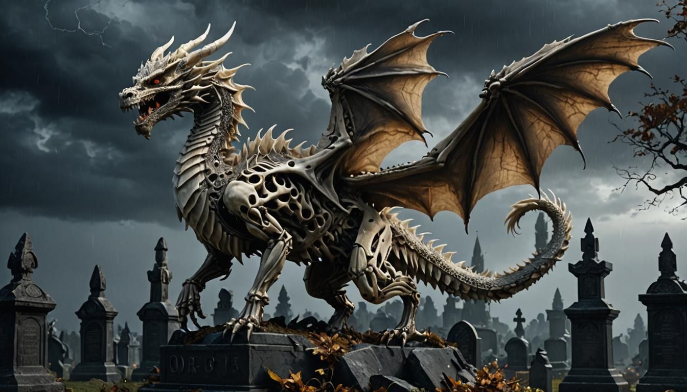 Epic Skeleton Dragon Roaring in Graveyard