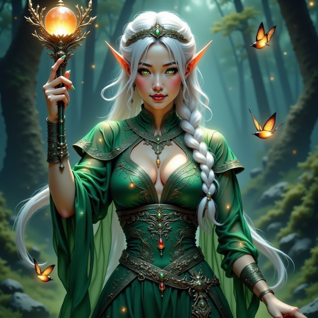 Beautiful Elf Magician with Magic Staff