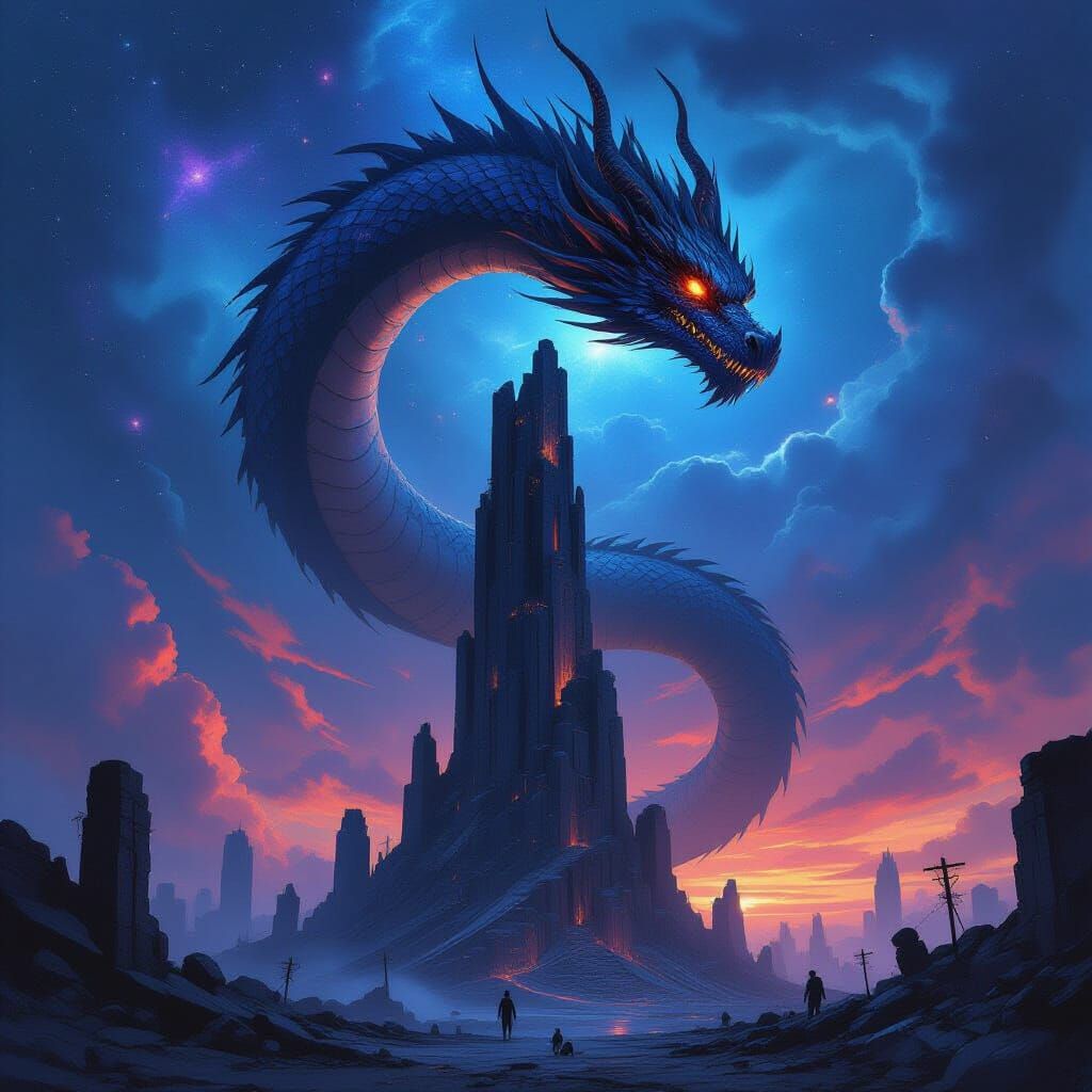 Cosmic Dragon & Obsidian Tower in Dreamlike Oil Painting