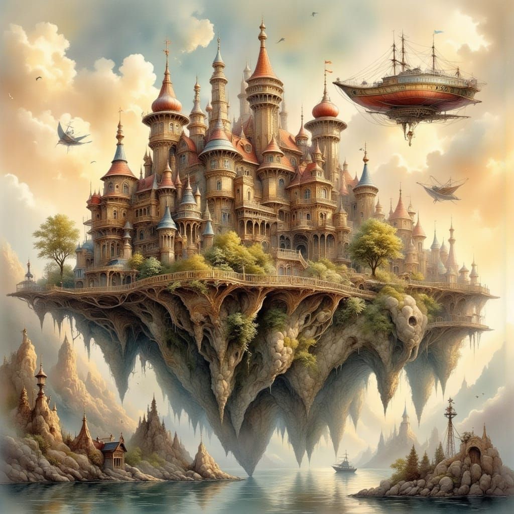 Steampunk Airship Docked on Floating Island