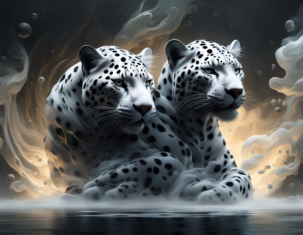 Yin Yang of Enameled Glass Leopards in Mystic Fog