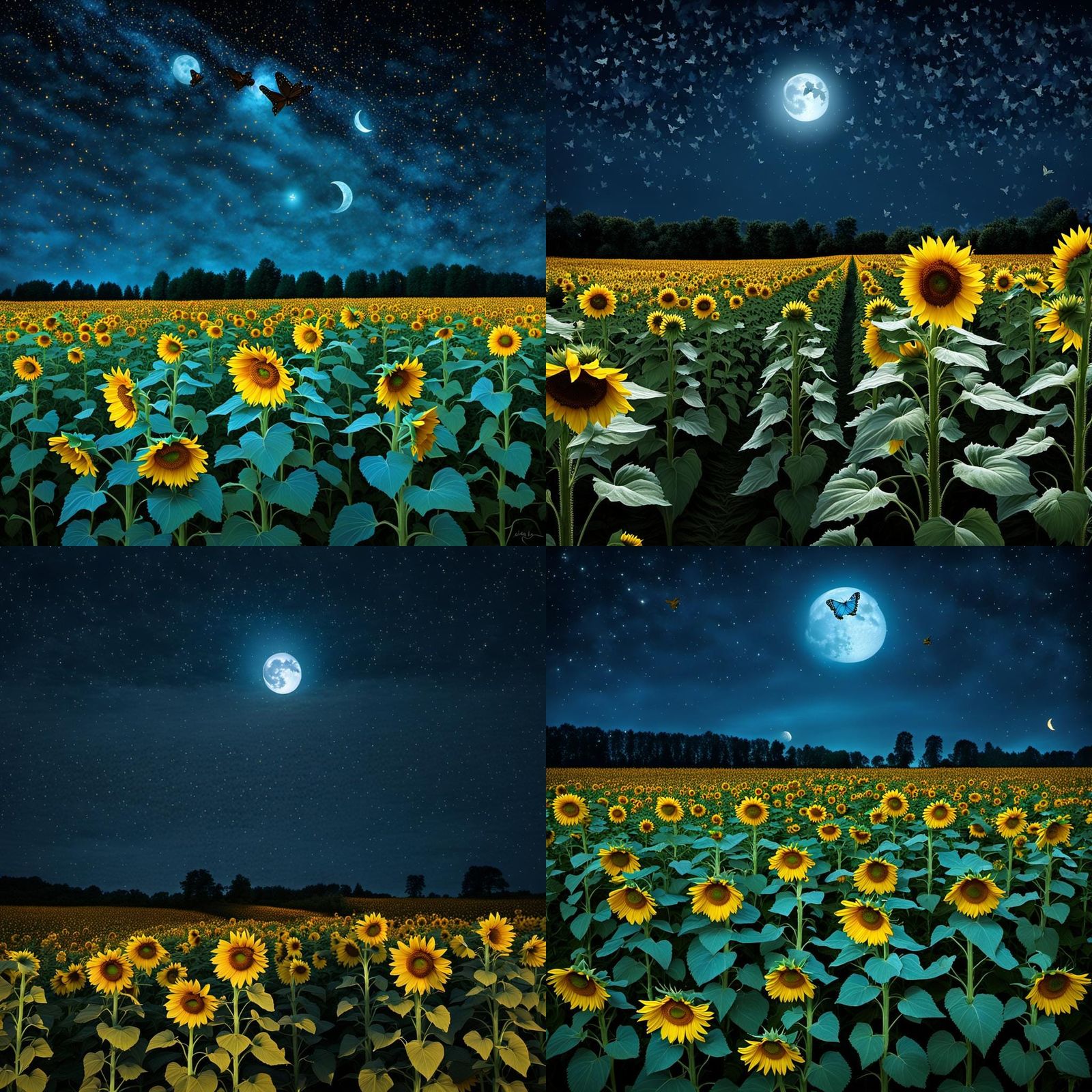 Moonlit Butterflies in Sunflower Field