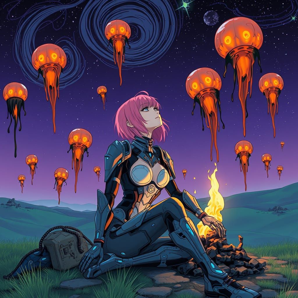 Girl in Cyberpunk Armor Gazing at the Stars